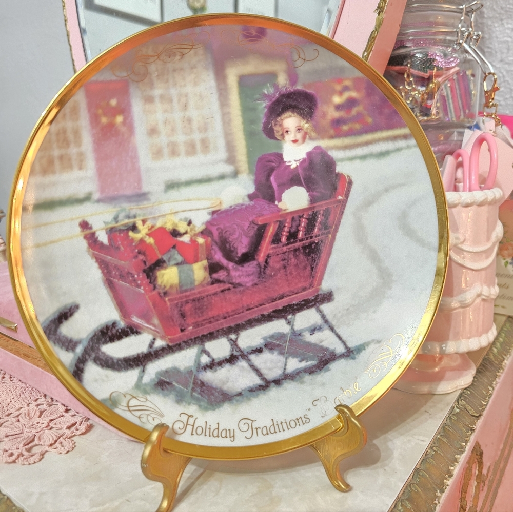 Barbie Holiday Traditions Plate with Gold and Pink Accents
